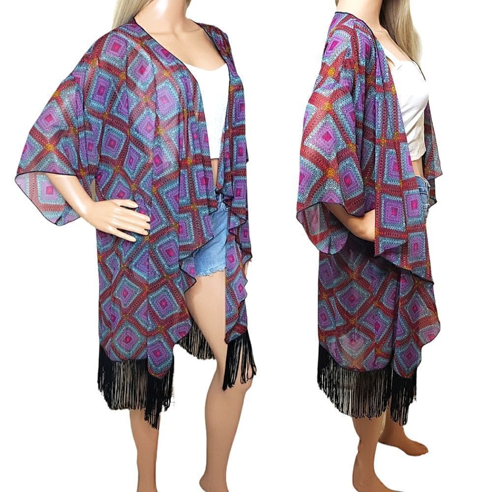 LulaRoe Boho Purple & Black Patterned Kimono Shawl with Fringes